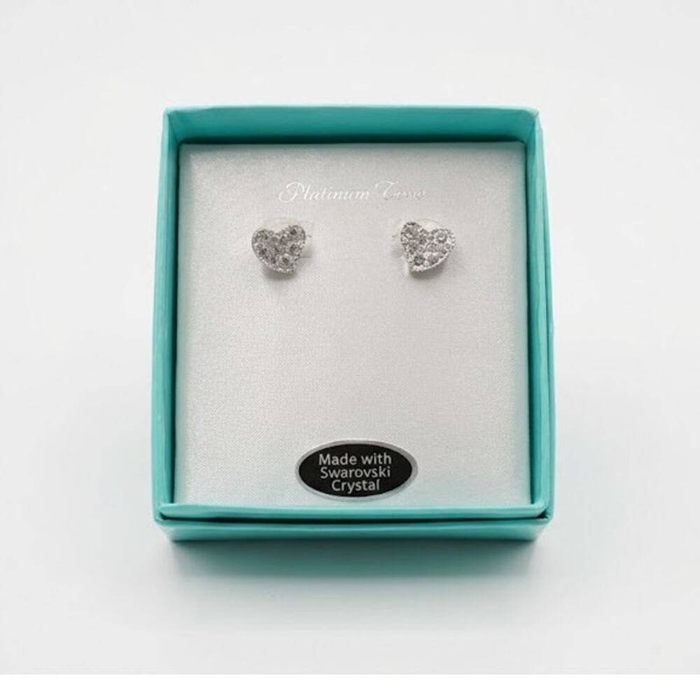 Platinum Tone Heart Stud Earrings Made With Swarovski Crystal Silver NIB